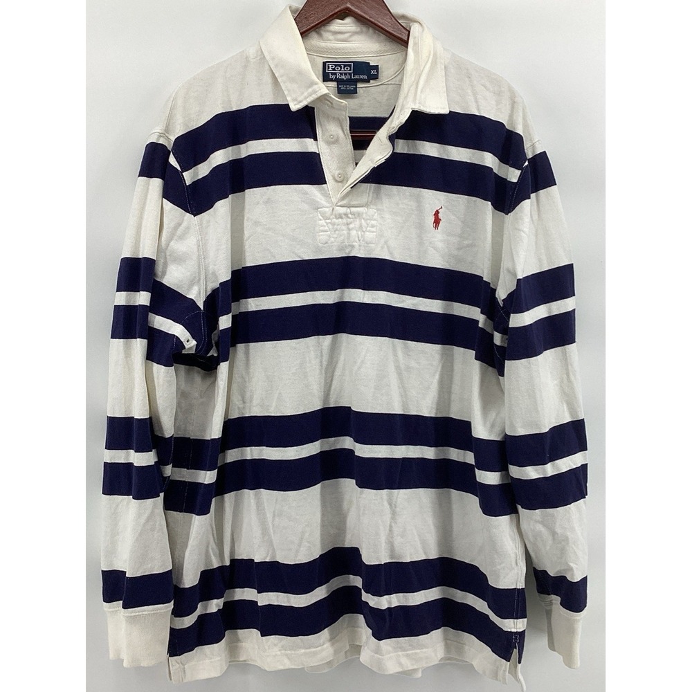 Polo Ralph Lauren Men's XL Long Sleeve Striped Rugby Polo, White/Blue, Logo